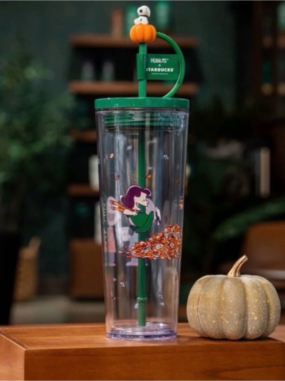 Starbucks Green Halloween Snoopy Pumpkin Tumbler with Orange Topper